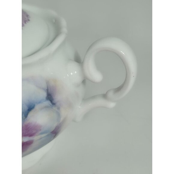 Antique Hand Painted Porcelain Sugar Bowl With Purple Lid & Floral Design - Picture 7 of 12